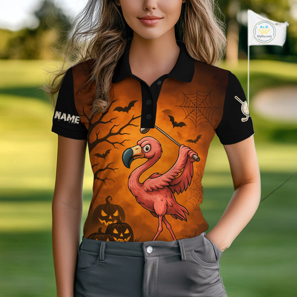 Black and Orange Funny Flamingo Golf Polo Shirt For Women Custom Halloween Golf Attire Golfing Gifts NQS10701