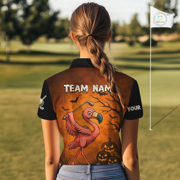 Black and Orange Funny Flamingo Golf Polo Shirt For Women Custom Halloween Golf Attire Golfing Gifts NQS10701