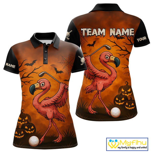 Black and Orange Funny Flamingo Golf Polo Shirt For Women Custom Halloween Golf Attire Golfing Gifts NQS10701