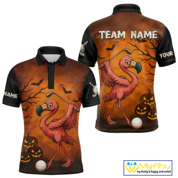Black and Orange Funny Flamingo Golf Polo Shirt For Men Custom Halloween Golf Attire Golfing Gifts NQS10701