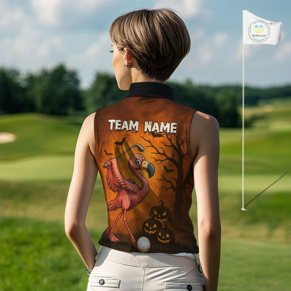 Black and Orange Funny Flamingo Women Sleeveless Polo Shirt Custom Halloween Golf Attire Golfing Gift NQS10701