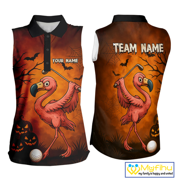 Black and Orange Funny Flamingo Women Sleeveless Polo Shirt Custom Halloween Golf Attire Golfing Gift NQS10701