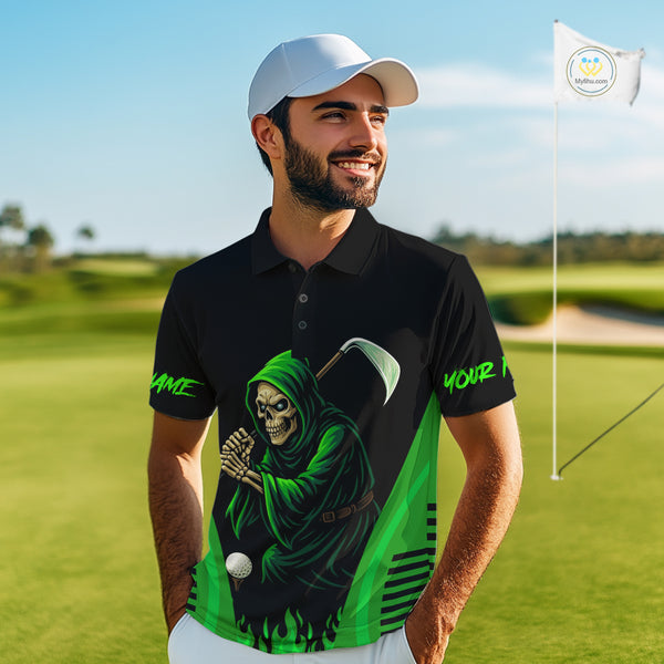 Black and Green Flame Skull Reaper Mens Golf Polo Shirt Custom team golf outfits for mens golfer gift NQS10713