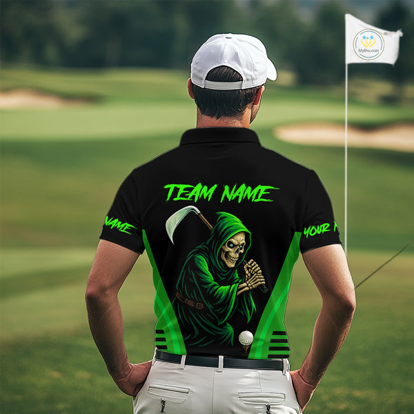 Black and Green Flame Skull Reaper Mens Golf Polo Shirt Custom team golf outfits for mens golfer gift NQS10713