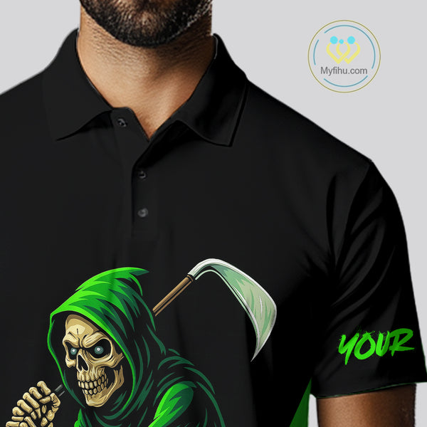 Black and Green Flame Skull Reaper Mens Golf Polo Shirt Custom team golf outfits for mens golfer gift NQS10713