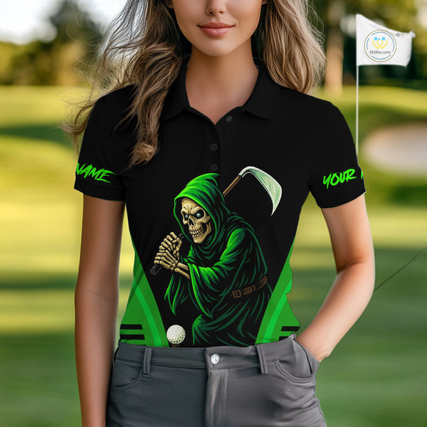 Black and Green Flame Skull Reaper Women Golf Polo Shirt Custom team golf outfits for ladies golfer NQS10713