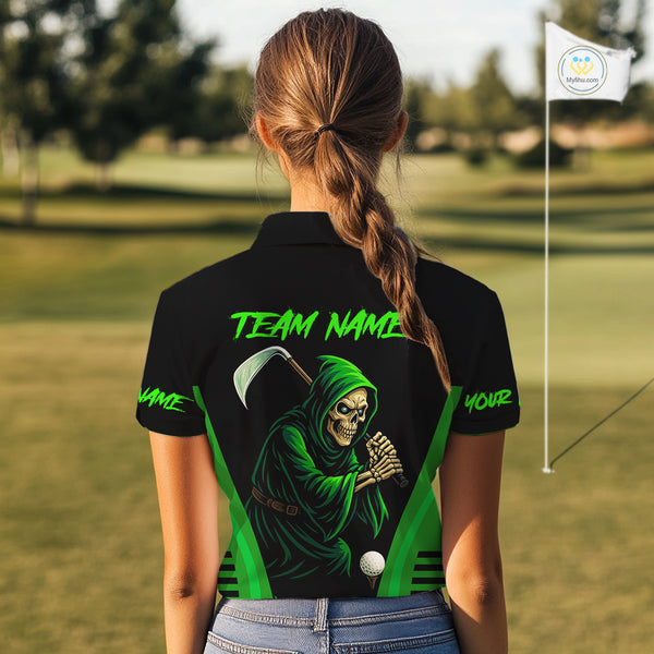 Black and Green Flame Skull Reaper Women Golf Polo Shirt Custom team golf outfits for ladies golfer NQS10713