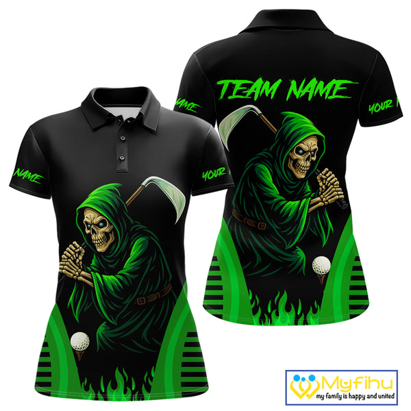 Black and Green Flame Skull Reaper Women Golf Polo Shirt Custom team golf outfits for ladies golfer NQS10713