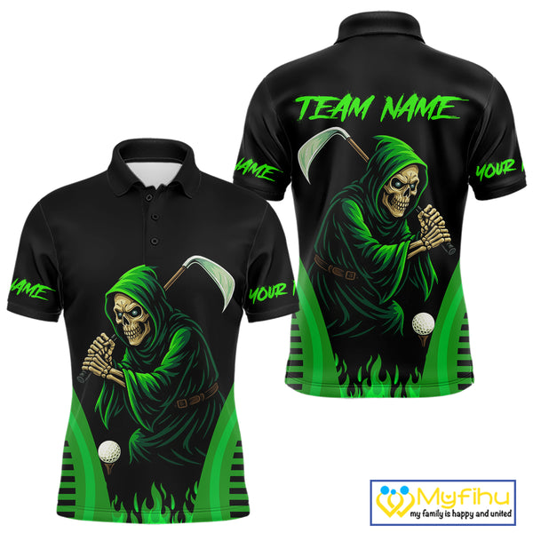 Black and Green Flame Skull Reaper Mens Golf Polo Shirt Custom team golf outfits for mens golfer gift NQS10713