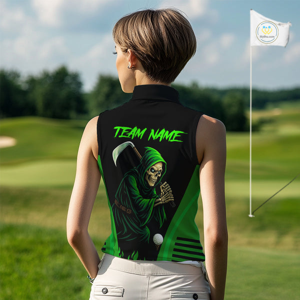 Black and Green Flame Skull Reaper Women Sleeveless Polo Shirt Custom team golf outfits for ladies NQS10713
