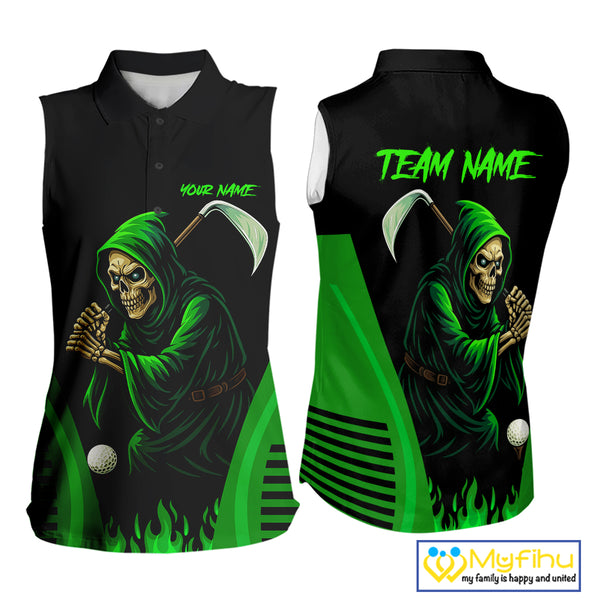 Black and Green Flame Skull Reaper Women Sleeveless Polo Shirt Custom team golf outfits for ladies NQS10713