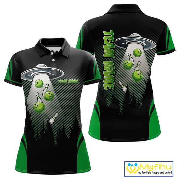 Black and Green ufo alien Bowling Women Bowling Polo, quarter zip Shirts Custom Bowling Team Jersey NQS10726