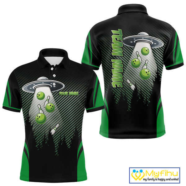 Black and Green ufo alien Bowling Mens Bowling Polo, quarter zip Shirts Custom Bowling Team Jersey NQS10726