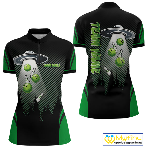 Black and Green ufo alien Bowling Women Bowling Polo, quarter zip Shirts Custom Bowling Team Jersey NQS10726