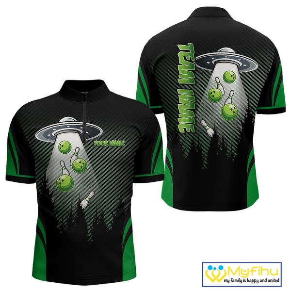Black and Green ufo alien Bowling Mens Bowling Polo, quarter zip Shirts Custom Bowling Team Jersey NQS10726