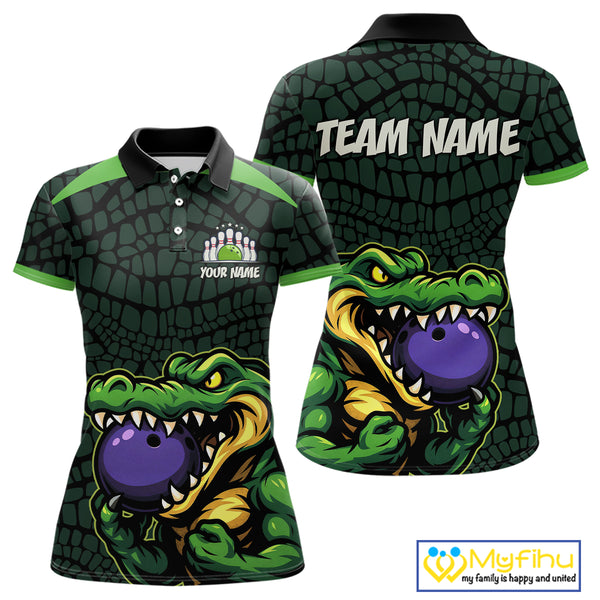 Green Alligator Bowling Polo, Quarter Zip shirts for Women Custom Team bowling uniform jersey NQS10734