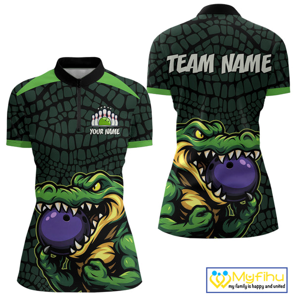 Green Alligator Bowling Polo, Quarter Zip shirts for Women Custom Team bowling uniform jersey NQS10734