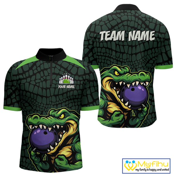 Green Alligator Bowling Polo, Quarter Zip shirts for Men Custom Team bowling uniform jersey NQS10734