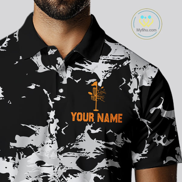Black and Gray Camo Orange Disc Golf basket Mens Disc golf polo shirts Custom team disc golf jerseys NQS10796