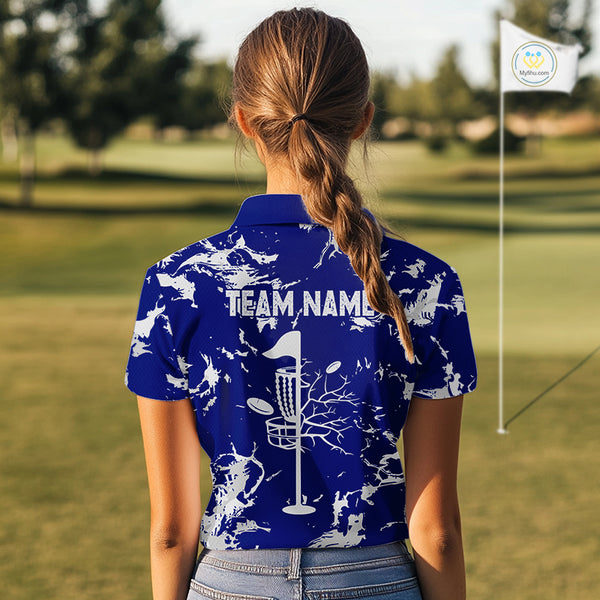 Blue and Gray Camo Disc Golf basket Women Disc golf polo shirts Custom team disc golf jerseys NQS10797