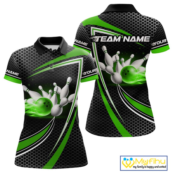 Black and Green Flame Bowling Shirts For Women Custom Team Bowling Jersey, Gift For Bowlers NQS10858