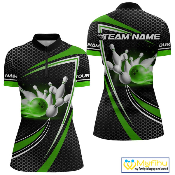 Black and Green Flame Bowling Shirts For Women Custom Team Bowling Jersey, Gift For Bowlers NQS10858