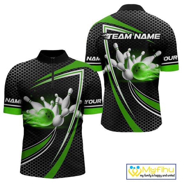 Black and Green Flame Bowling Shirts For Men Custom Team Bowling Jersey, Gift For Bowlers NQS10858