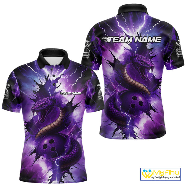 Custom Black And Purple Thunder Lightning Cobra Snake Bowling Men Polo, Quarter Zip Shirts For Team NQS10670