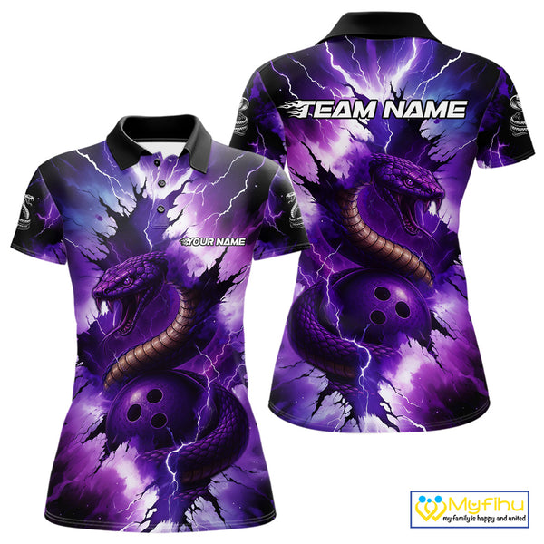 Custom Black And Purple Thunder Lightning Cobra Snake Bowling Women Polo, Quarter Zip Shirts For Team NQS10670