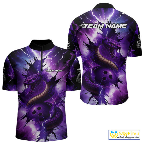 Custom Black And Purple Thunder Lightning Cobra Snake Bowling Men Polo, Quarter Zip Shirts For Team NQS10670