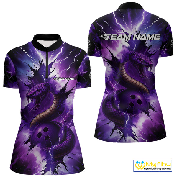 Custom Black And Purple Thunder Lightning Cobra Snake Bowling Women Polo, Quarter Zip Shirts For Team NQS10670