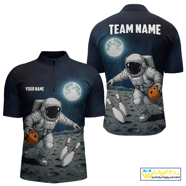 Funny Astronaut Bowling Polo, Quarter Zip Shirts For Men Custom Bowling Team Outfit, Gift For Bowler NQS10694