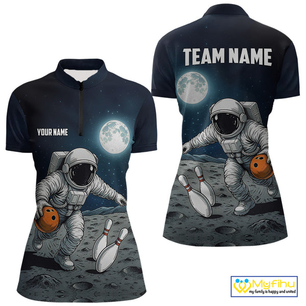 Funny Astronaut Bowling Polo, Quarter Zip Shirt For Women Custom Bowling Team Outfit, Gift For Bowler NQS10694