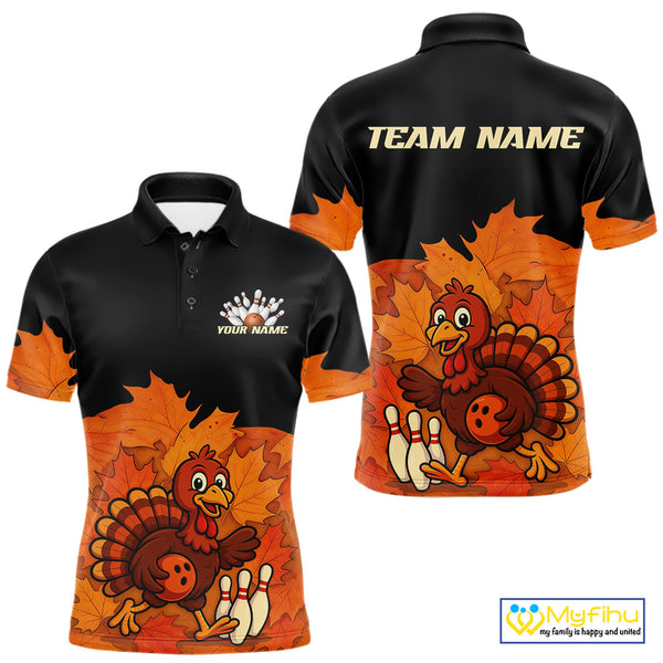 Black and Orange Autumn Leaf Custom Turkey Bowling Shirts For Men, Thanksgiving Bowling Team Jerseys NQS10699