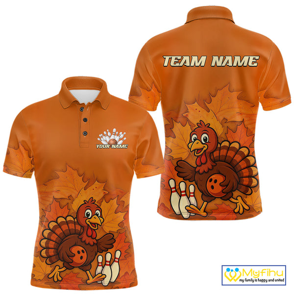 Orange Autumn pattern Custom Turkey Bowling Shirts For Men, Thanksgiving Bowling Team Jerseys NQS10698