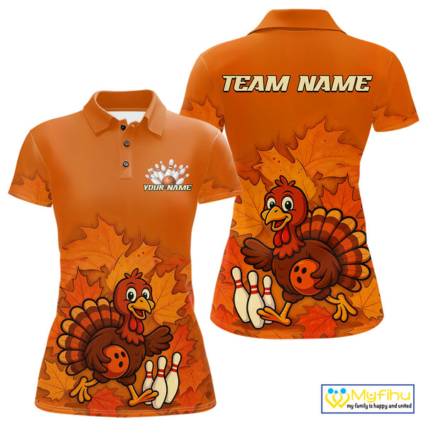 Orange Autumn pattern Custom Turkey Bowling Shirts For Women, Thanksgiving Bowling Team Jerseys NQS10698