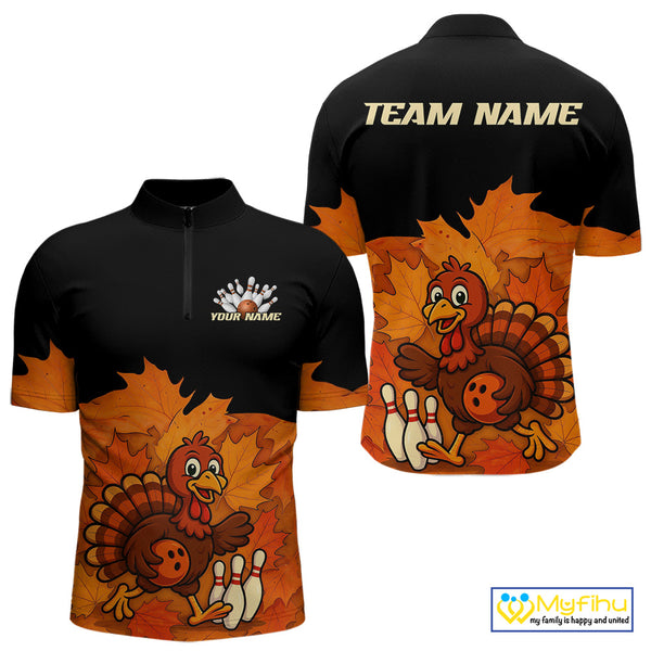 Black and Orange Autumn Leaf Custom Turkey Bowling Shirts For Men, Thanksgiving Bowling Team Jerseys NQS10699