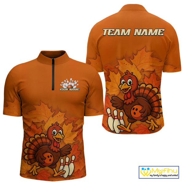 Orange Autumn pattern Custom Turkey Bowling Shirts For Men, Thanksgiving Bowling Team Jerseys NQS10698