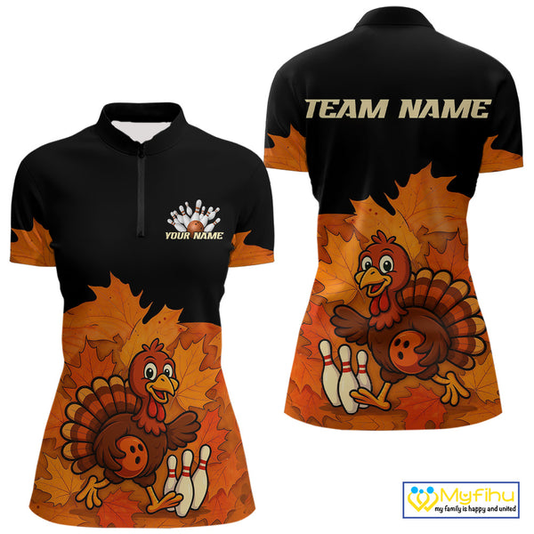 Black and Orange Autumn Leaf Custom Turkey Bowling Shirts For Women, Thanksgiving Bowling Team Jersey NQS10699
