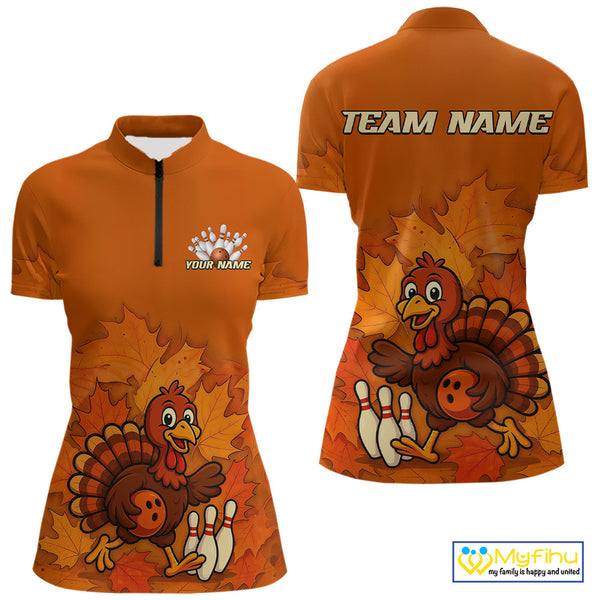 Orange Autumn pattern Custom Turkey Bowling Shirts For Women, Thanksgiving Bowling Team Jerseys NQS10698