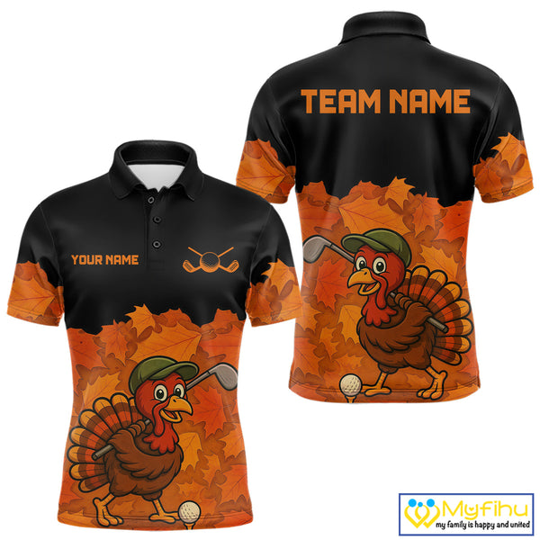 Black and Orange Autumn Leaf Custom Turkey Golf Polo Shirt For Men, Thanksgiving Golf Attire NQS10700