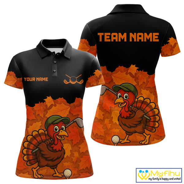 Black and Orange Autumn Leaf Custom Turkey Golf Polo Shirt For Women, Thanksgiving Golf Attire NQS10700