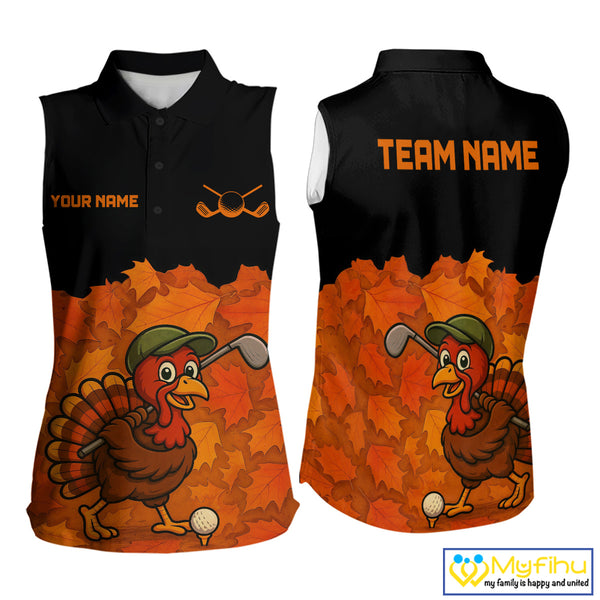 Black and Orange Autumn Leaf Custom Turkey Women Sleeveless Golf Polo Shirt, Thanksgiving Golf Attire NQS10700