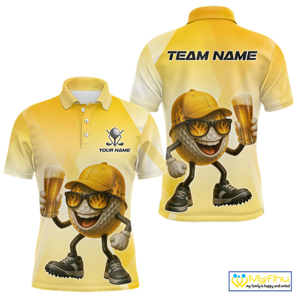 Funny Yellow pattern Golf ball drinking beer Mens Golf Polo Shirt Custom team golf outfits for mens NQS10718