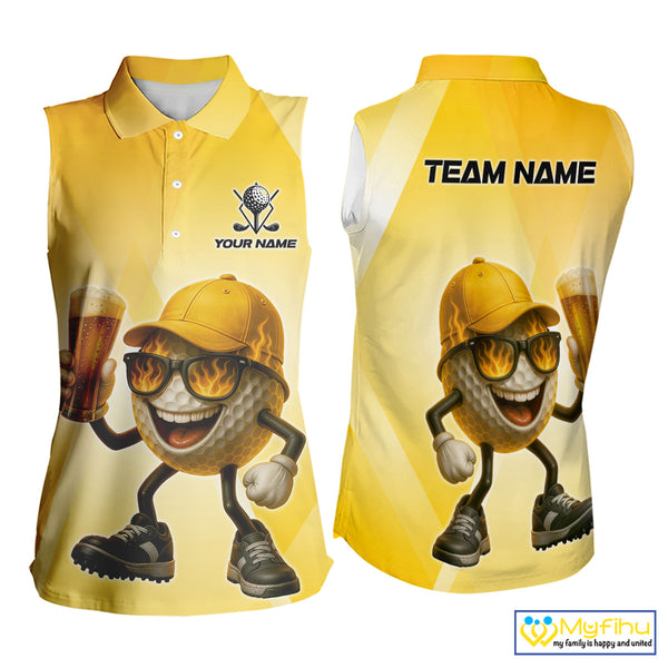 Funny Yellow pattern Golf ball drinking beer Sleeveless Polo Shirt Custom team golf outfit for ladies NQS10718