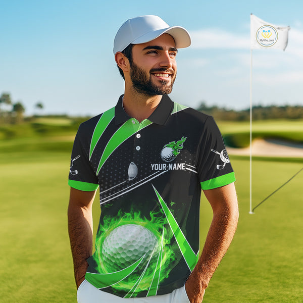 Black and Green Fire golf ball custom Men golf polo shirts, personalized golf outfits for team men NQS10123