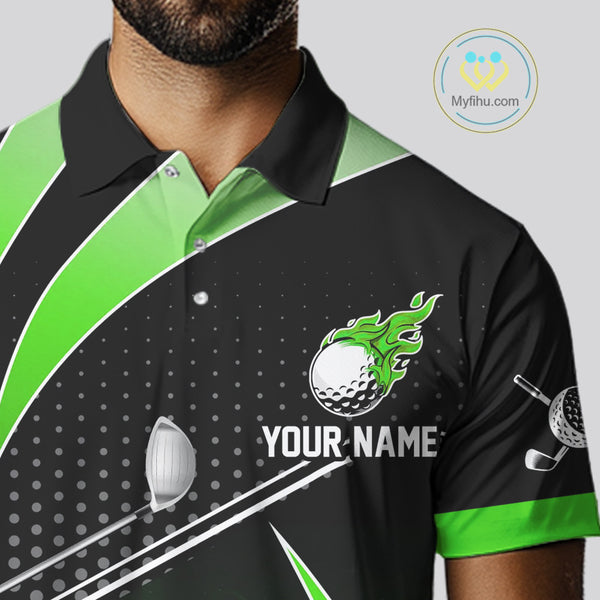Black and Green Fire golf ball custom Men golf polo shirts, personalized golf outfits for team men NQS10123