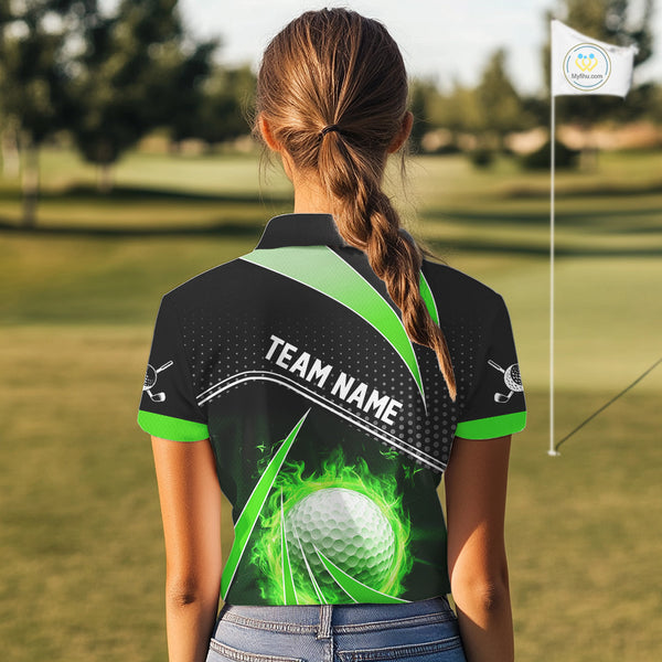 Black and Green Fire golf ball custom Women golf polo shirt, personalized ladies golf outfit for team NQS10123