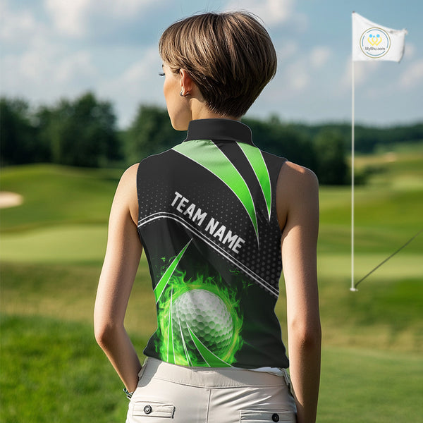 Black and Green Fire golf ball custom Women sleeveless polo shirt, personalized golf outfits for team NQS10123