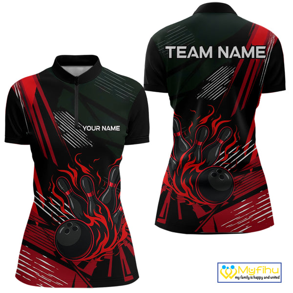 Black and Red Flame Bowling Polo, Quarter Zip Shirts For Women Custom Bowling Outfit Team Jerseys NQS10192